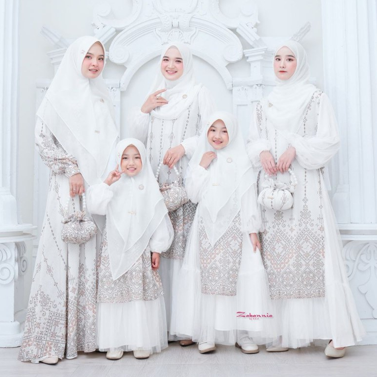 Zabannia terbaru Maharani dress couple mom and kids kode 1 2 3 white gamis syari muslimah anak perem