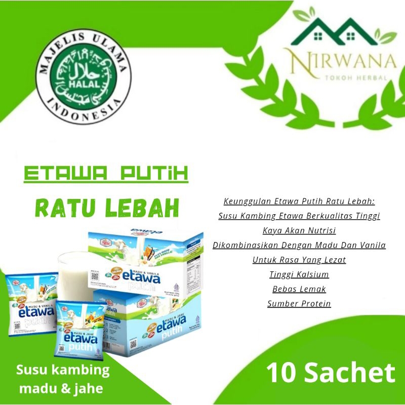 

Susu Kambing Etawa Putih Ratu Lebah Rasa Madu & Vanila | Madu & Jahe Kemasan Box Isi 10 Sachet