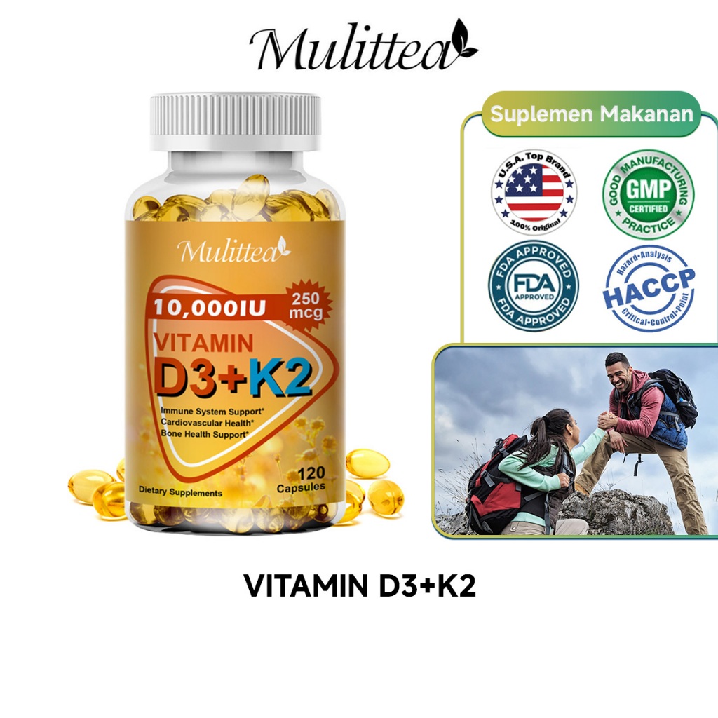 Mulittea 120pcs USA Vitamin D3 Vitamin K2 Meningkatkan Penyerapan Kalsium Kesehatan Tulang & Sendi