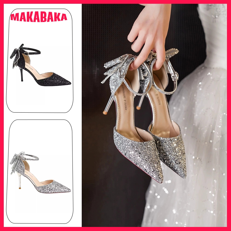 Sepatu Heels Pesta Wanita High Heels Sandal Wanita Berlian Imitasi Busur Pertunangan Pernikahan