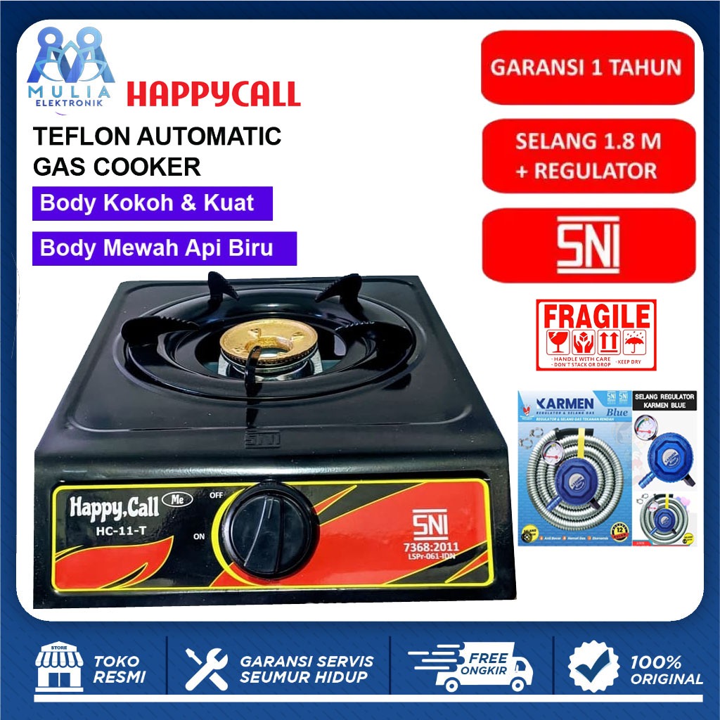 Happy Call Me Kompor Gas 1 Tungku Teflon Free Selang Resgulator SNI Resmi