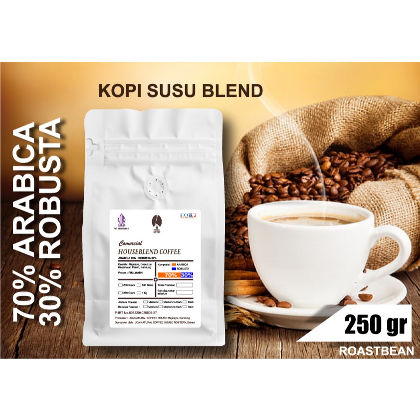 

KOPI SUSU HOUSEBLEND COMMERCIAL 250 GR ( 70% ARABICA : 30% ROBUSTA HOUSE BLEND COFFEE COMERCIAL 250 GR)