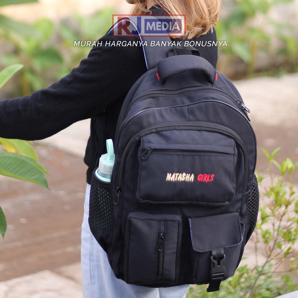 Jual Ransel Kain Wanita Tas Gendong Punggung Natasha Girls Hitam Polos Bahan Nylon Premium Tas Lapto