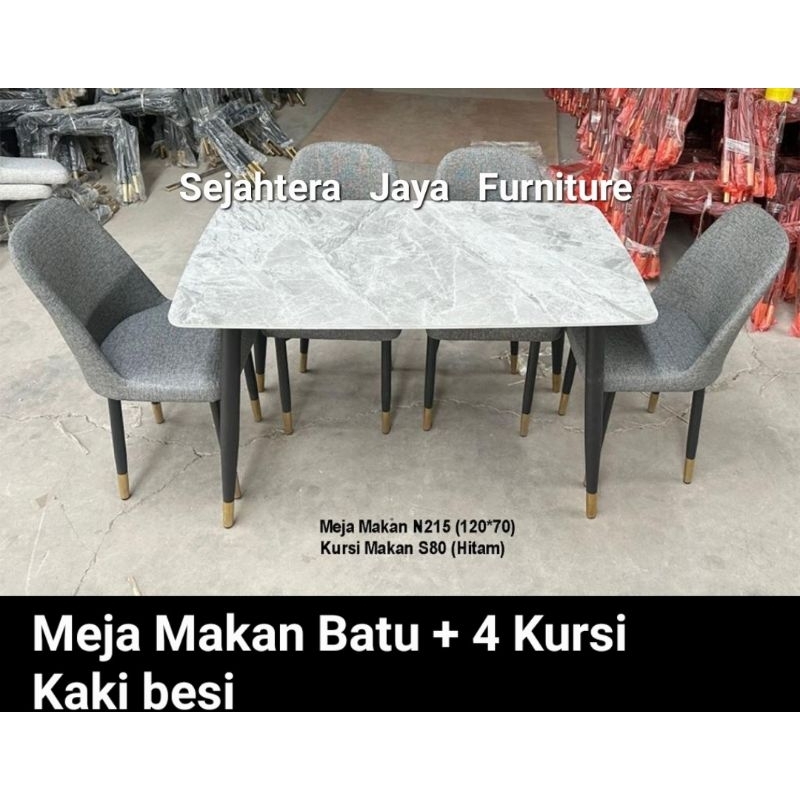 Set Meja Makan Batu Granit + 4 Kursi Kaki Besi