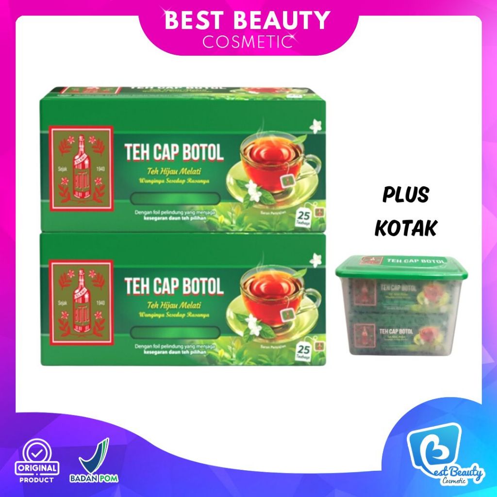 

★ BB ★ TEH CAP BOTOL Teh Hijau Aroma Melati Isi 25 Tea Bags - Paket Bundling 2 pcs Teh Hijau celup Free Kotak Container