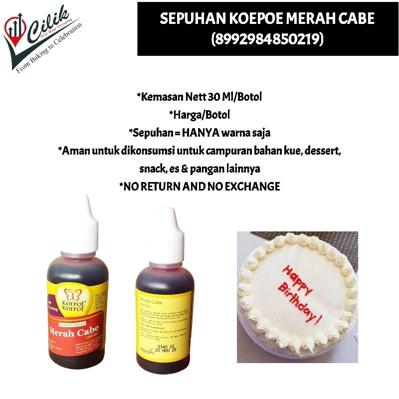 

sepuhan+color+cair+water+food grade+aman dikonsumsi+merk+koepoe+kupu+butterfly+warna+bahan+kue+adonan+roti+donat+makanan+masakan+cake+krim+buttercream+fondant+merah cabe