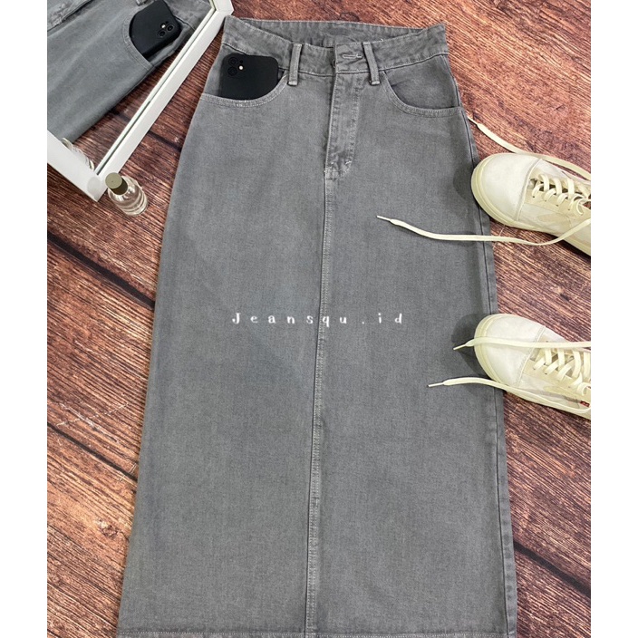 murah ROK SKIRT JEANS BASIC ABU THEANA SPAN WANITA JEANS MAXI SKIRT ROK PANJANG HIGHWAIST MURAH TERB
