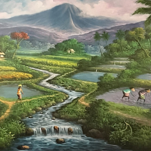 Lukisan Pemandangan Alam Terasering Persawahan Suasana Sejuk