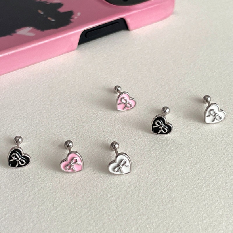 S925 SILVER Anting-anting perak berbentuk hati warna merah muda dengan pita kupu-kupu, anting-anting