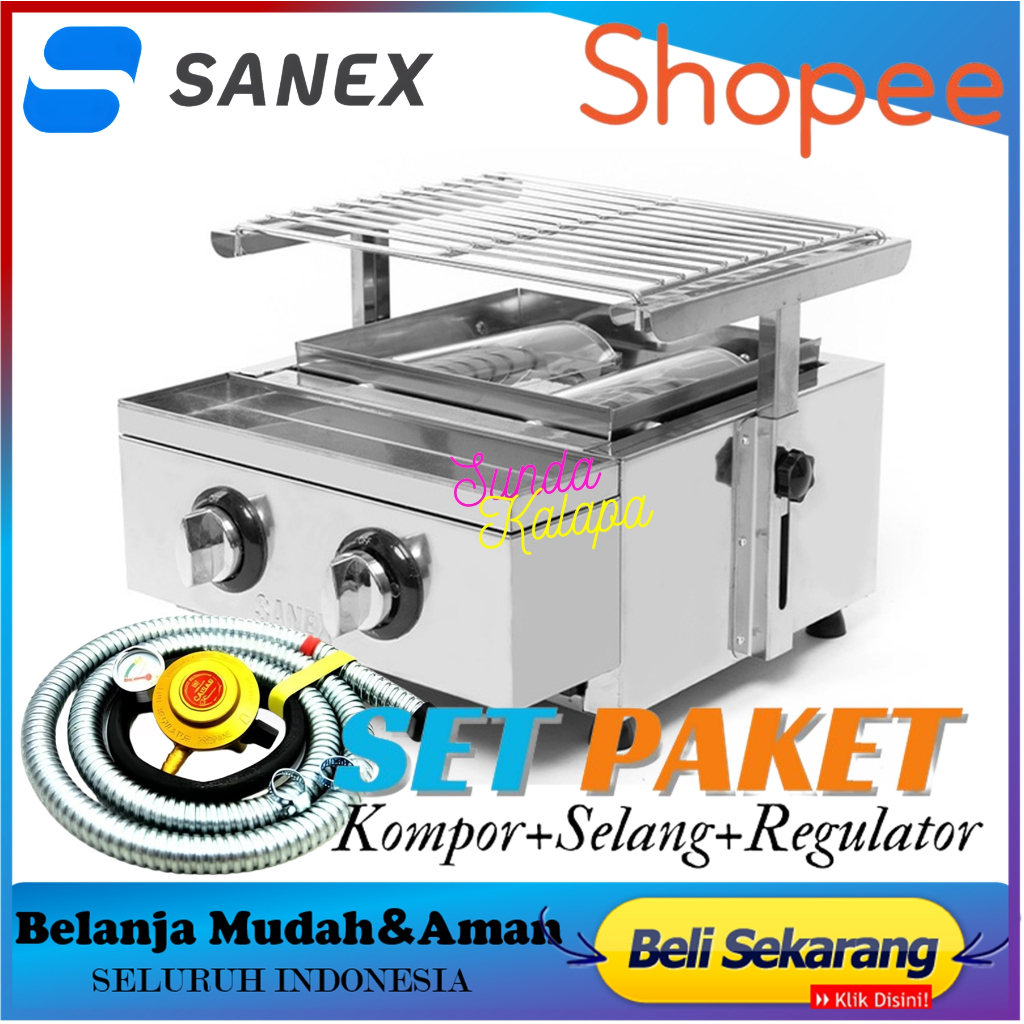 Kompor Panggang Sanex SN KP-02+Selang Gas+Regulator 2 Tungku Kompor Gas+Panggang Sate,Sosis,IkanAyam