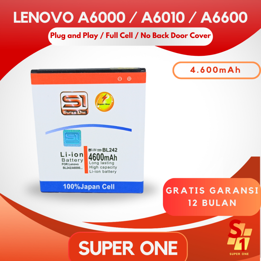 Super One - Original Baterai Lenovo A6000 / A6010 / A6600 Battery 4.600mAh For HP Type BL-242 Batre 