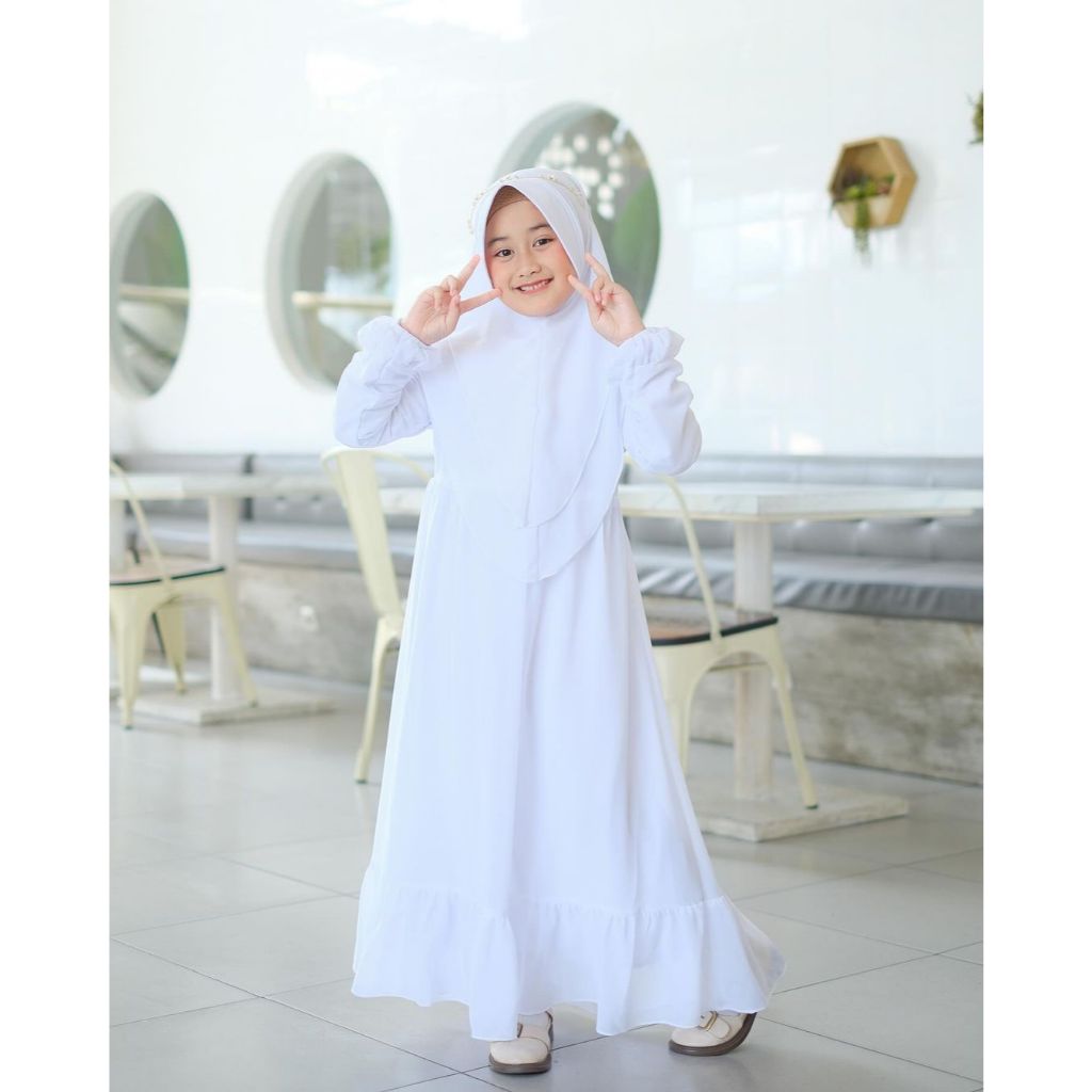 Gamis Putih Anak Perempuan / Baju Muslim Anak Perempuan Set Jilbab 7-15 Tahun / Gamis Putih Anak TK