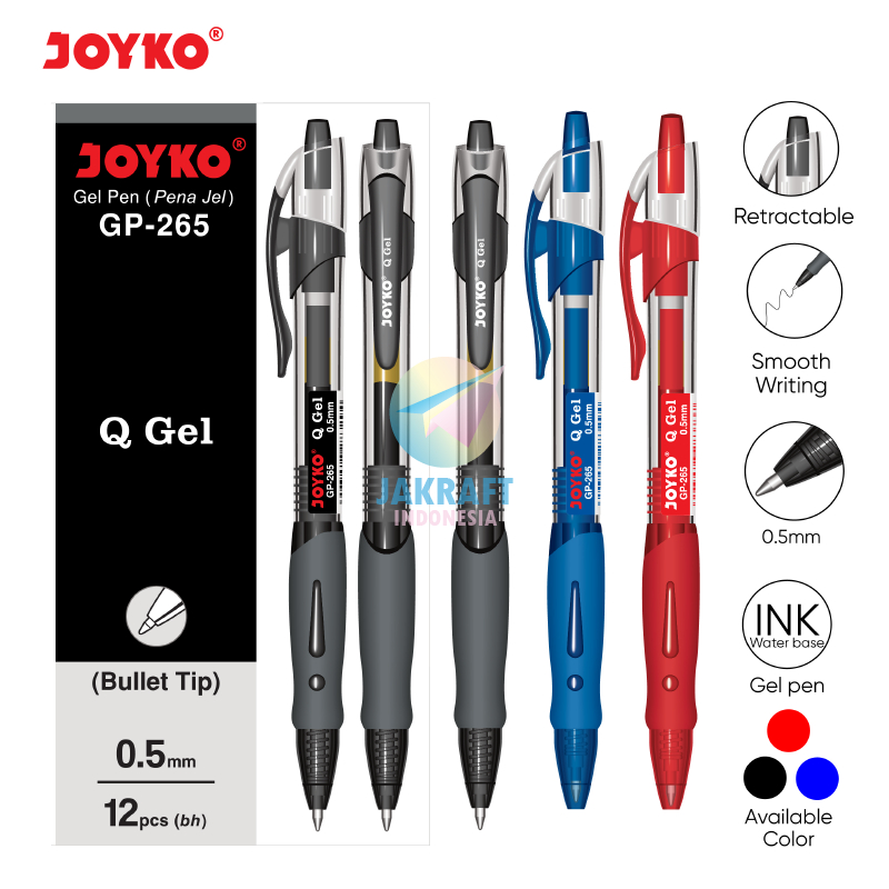 

Al (12 Pcs) GROSIR Pulpen Gel Pen Klik JOYKO GP-265 Q GEL Hitam Black / Biru Blue / Merah Red Tebal