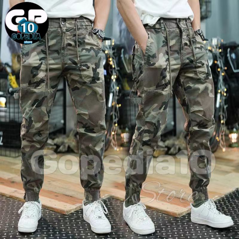 Gopedia Celana jogger cargo loreng camo Slim Fit Pria dan wanita