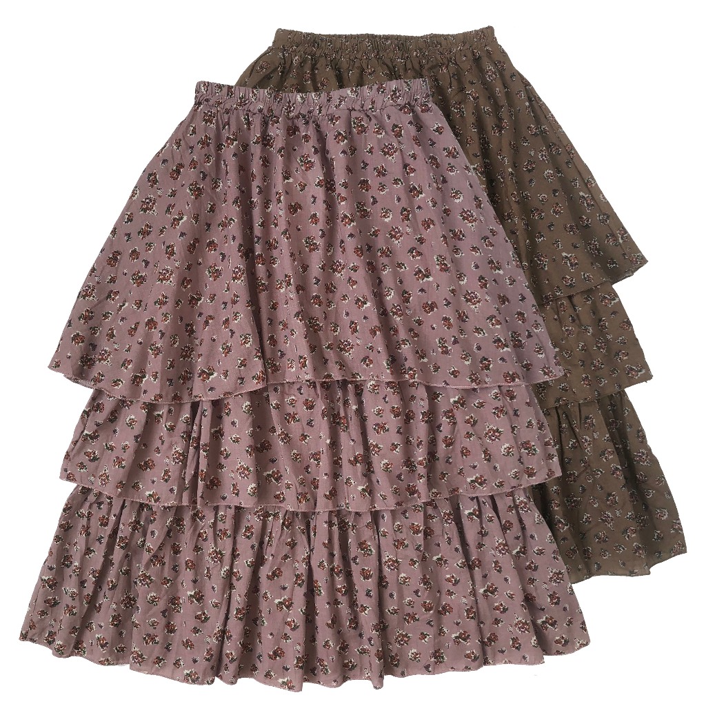 ROK MIDI KATUN BUNGA RAMPEL TIER PINK COKLAT KOREA IMPORT