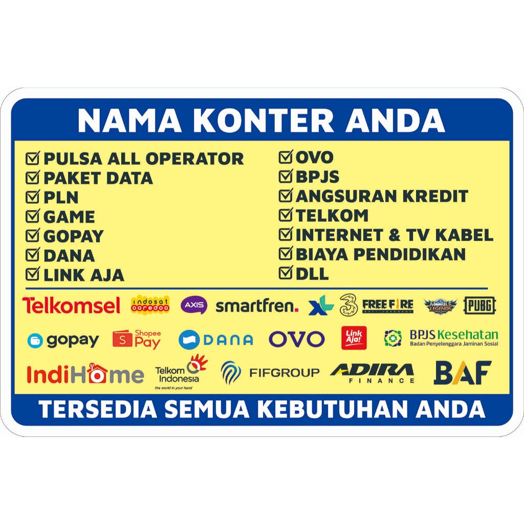 

STIKER VINYL TEMPELAN PEMBAYARAN KOMPLIT KECIL ( CUSTOM NAMA KONTER )