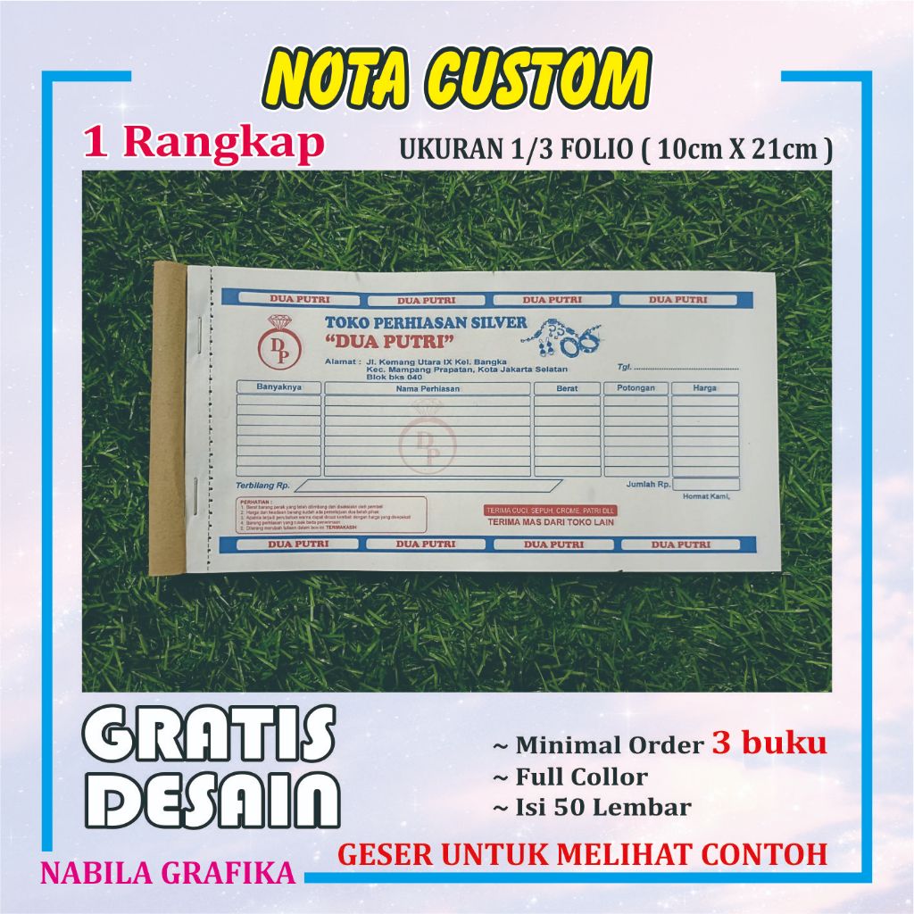 

1/3 F4 1rangkap 50 LEMBAR cetak nota custom dengan nama toko olshop usaha sendiri free desain