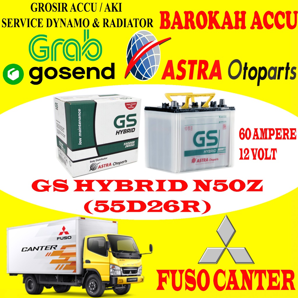 AKI MOBIL MITSUBISHI FUSO CANTER GS HYBRID N50Z / 55D26R , 60 AH ASTRA OTOPARTS