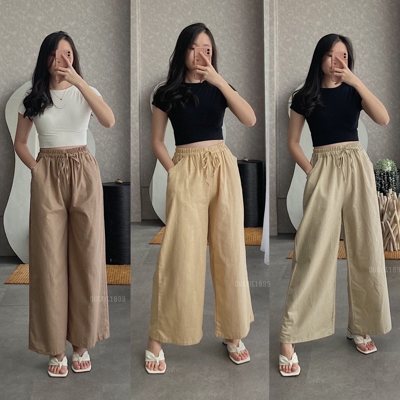 TERMURAH GSM  KULOT WANITA DRILLY  CELANA KULOT LINEN RAMI KANCING  SEOUL LINEN KULOT SERUT HIGHTWAI