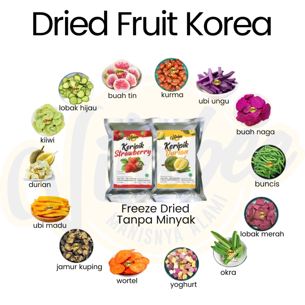 

MURAH MERIAH Dried Fruit Keripik Kripik Buah dan Sayur Korea Vitabee Strawberry Okra Durian Kiwi Buah Tin 5gr