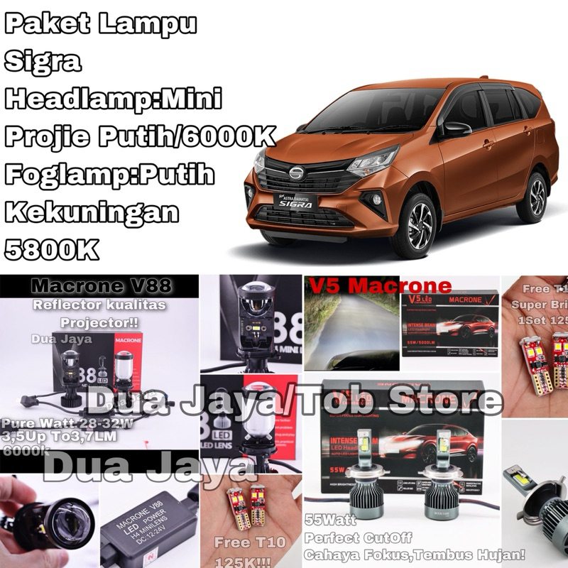 Paket Lampu Mobil Sigra Led Headlamp V88 Macrone Projector Foglamp V5 Putih kekuningan 5800K PNP