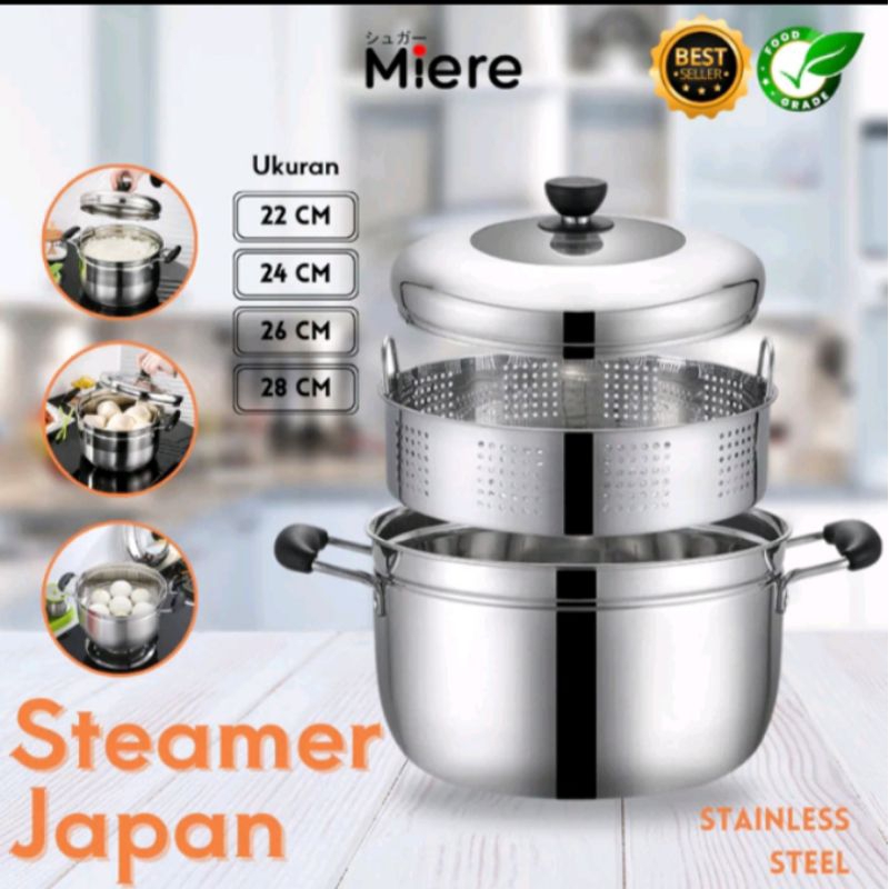 Panci Kukusan Tutup Kaca Susun 2 Stainless Stell 30 Cm / Steamer Pan Japan / Panci Sarang Kukus