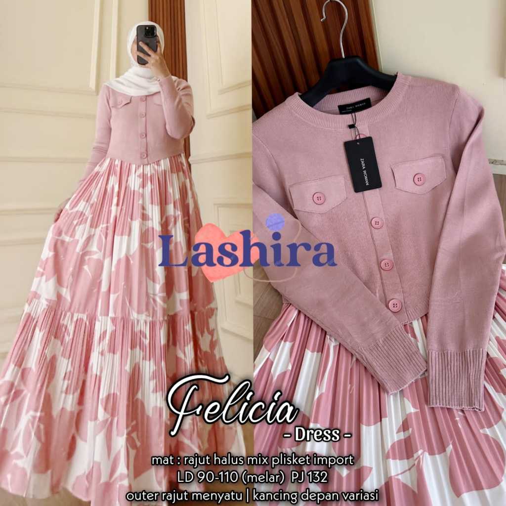 felicia midi dress dres pakaian baju gamis bahan rajut halus plisket import adem tebal melar motif l