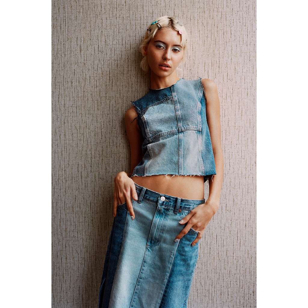 ZARA DENIM PATCHWORK TOP
