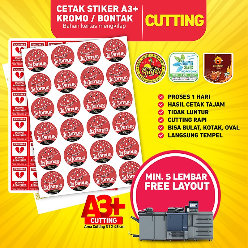 

Cetak Stiker A3+ Kromo / Bontak + Cutting