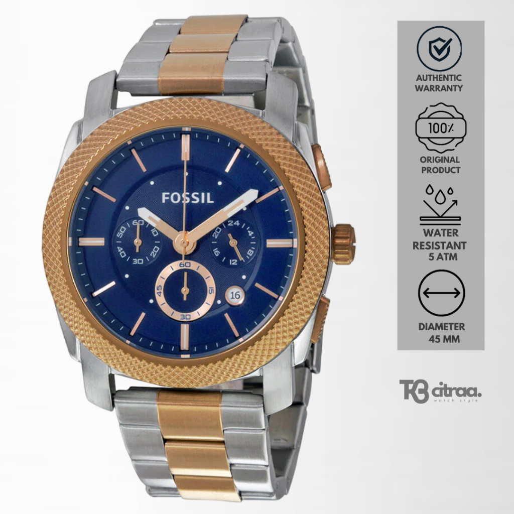 jam tangan fashion pria Fossil Machine analog strap rantai silver rosegold Chronograph Stainless Ste