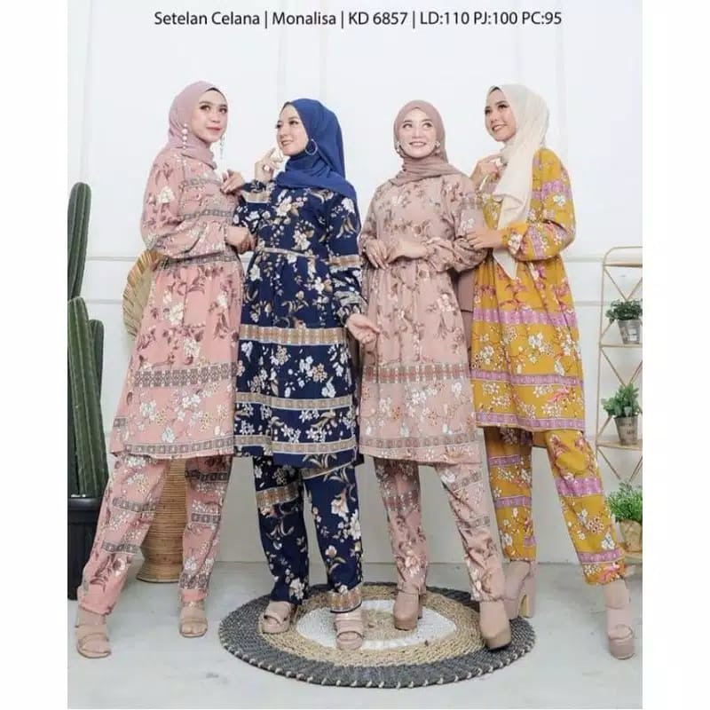 [COD] Setelan Wanita Dewasa Tunik dan Celana Motif Bunga Sakura