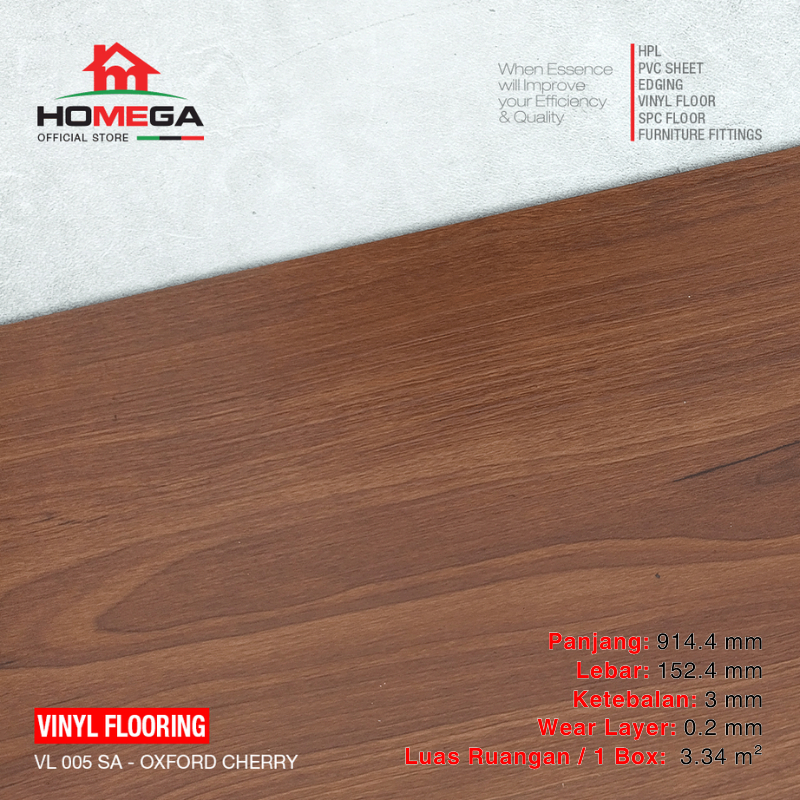 Homega Vinyl Flooring - Lantai Kayu Parket Parkit Parquet Stiker - Tekstur Wood Oxford Cherry - 1