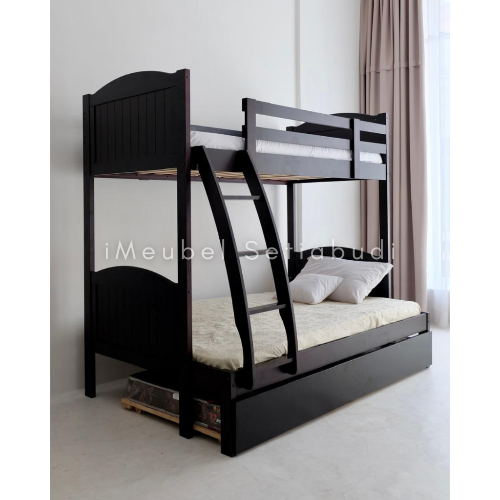 Bunk Bed / Bed Tingkat 3x4 + Bed Dorong / Solid Wood