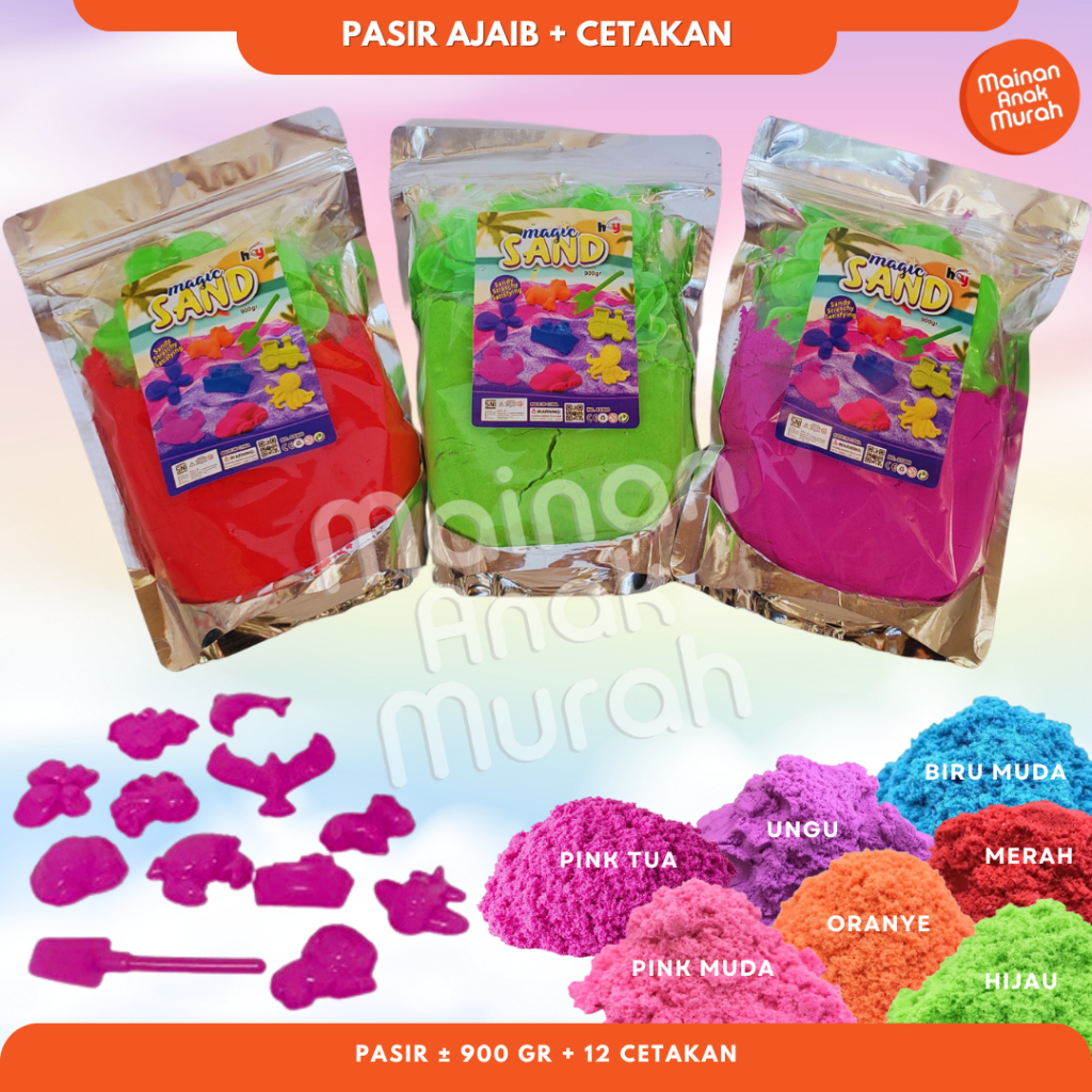 Mainan anak pasir ajaib warna plus cetakan super bagus dan murah 1kg(Pasir + Cetakan)