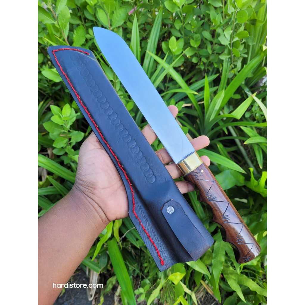 Pisau Sembelih Kambing dan Unggas 20 cm Baja L6 Handle Kayu Sonokeling, Sarung Kalb Hitam