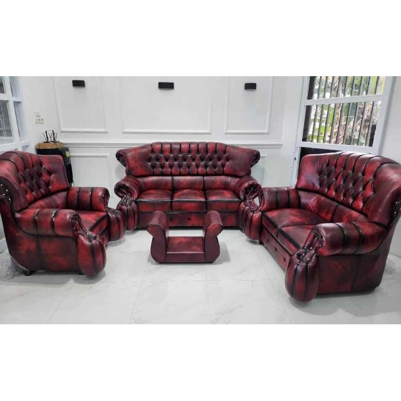 sofa jaguar belingbing 321 berikut meja sama kaca merek kain Oscar warana merah maron