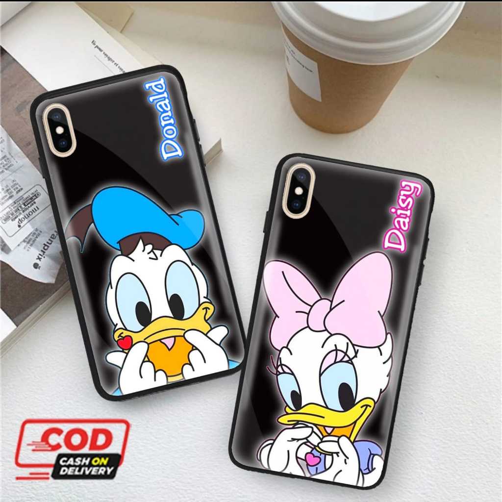IPHONE 8 , 8+ , X ,  XR , XS , XS MAX PREMIUM SOFT CASE CASING GLASS MOTIF DONALD DUCK COUPLE