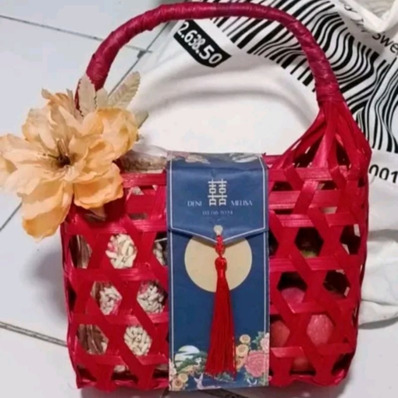 keranjang bambu imlek 20x8x15 tas anyaman bambu warna merah hampers tas parsel tas bridesmaid