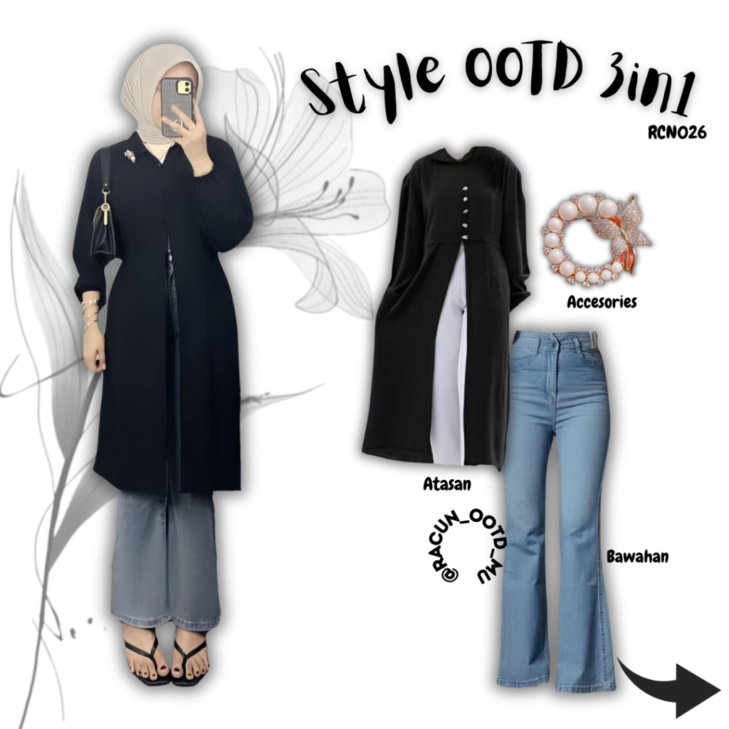OOTD Kekinian One Set Wanita 3in1 Cutbray Jeans dan Tunik Outer Crinkle FREE Bros Golden Pearl