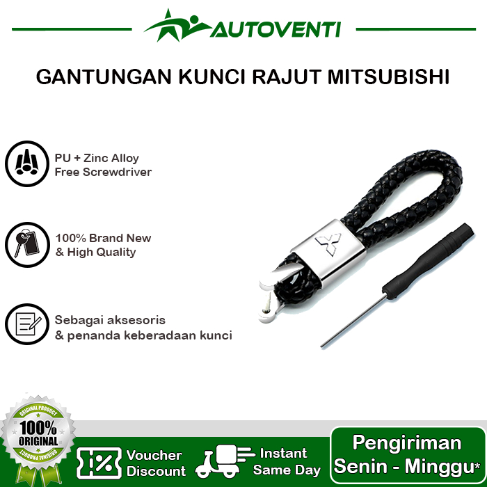 GANTUNGAN KUNCI MOBIL LOGO MITSUBISHI RAJUT BAHAN KULIT TALI PANJANG