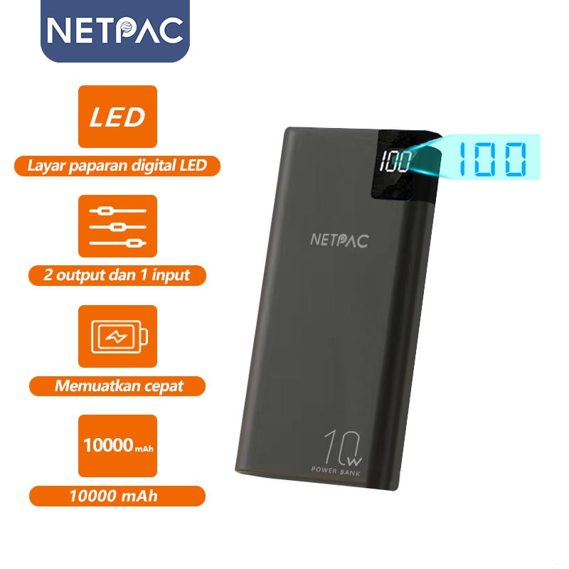 NETPAC Powerbank 10000 mAh LED Display Power Bank Murah Real Capacity Quick Charge 2.0 untuk ip Sams