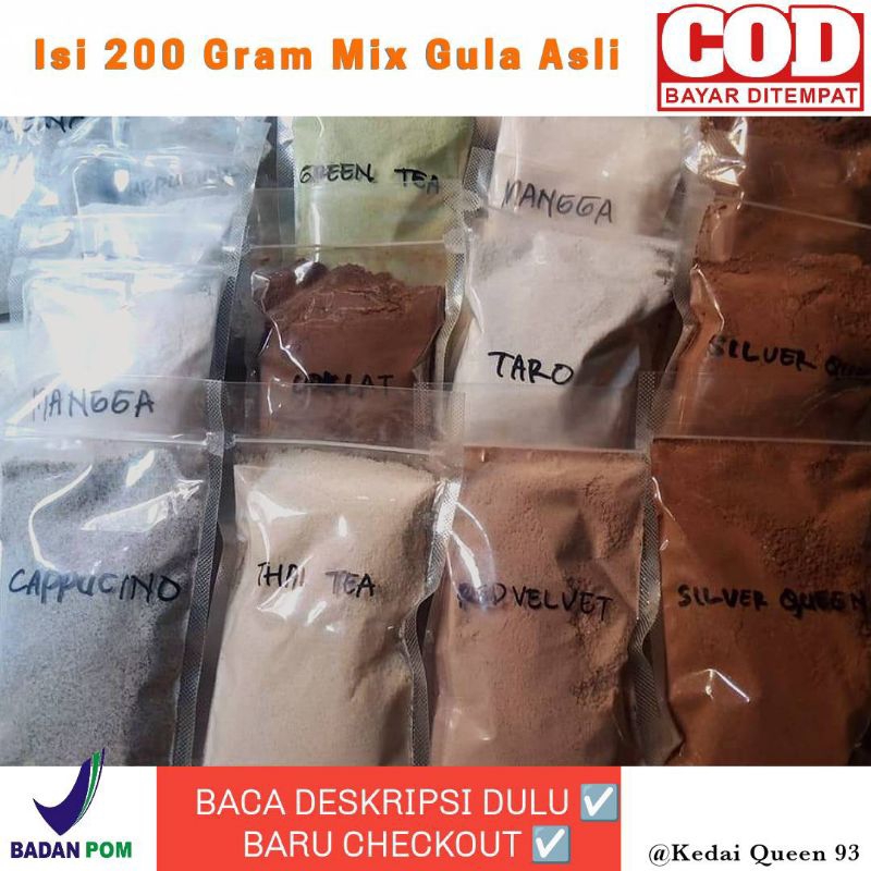 

Bubuk Minuman 200 gram Mix Gula Asli 100% ❤ Bubuk minuman aneka / Serbuk minuman viral / best seller / bubuk minuman terlaris / aneka rasa / premium / drink powder / powder drink / boba / cincau / thai tea / taro / coklat / oreo / capucino / coklat