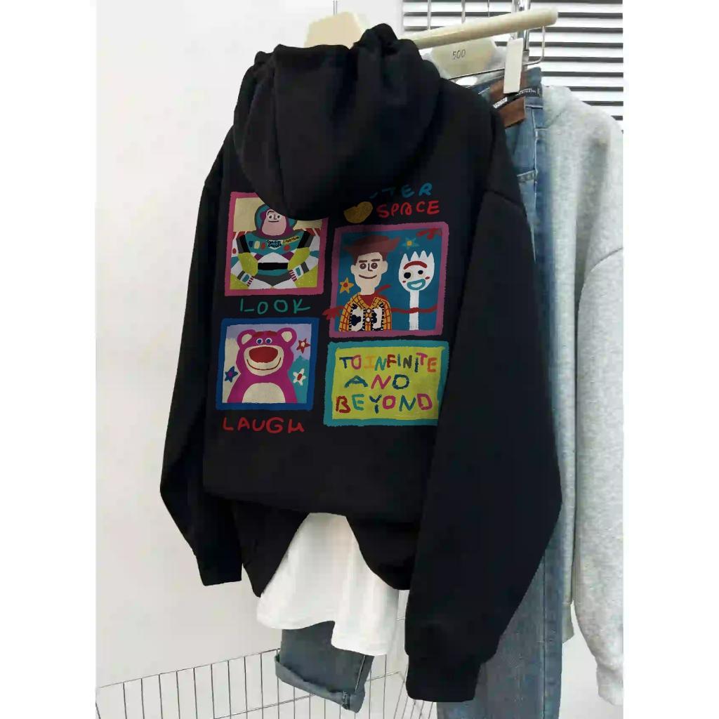 BIG SIZE Hoodie Panjang Hitam Muda Ala Korea Sweater Oversized Toy Story Anime Characters Print Swea