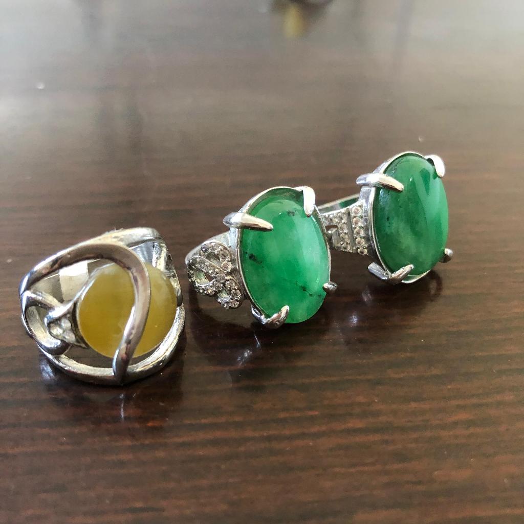 Cincin Batu Akik Ring Rodium / Cincin Zamrud Zircon Oval  / Cincin Batu Hijau Batu Kuning Simple Pri