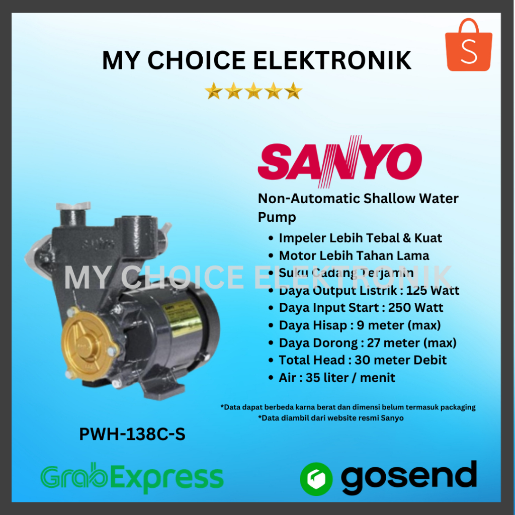 Sanyo PWH-138CS Pompa Air / PWH-138 C-S /PWH-138 CS