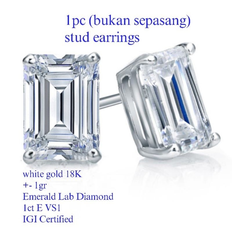 IGI Lab Grown Diamond Stud Earrings 18K Gold. Giwang Anting Emas 750 Berlian CVD Asli