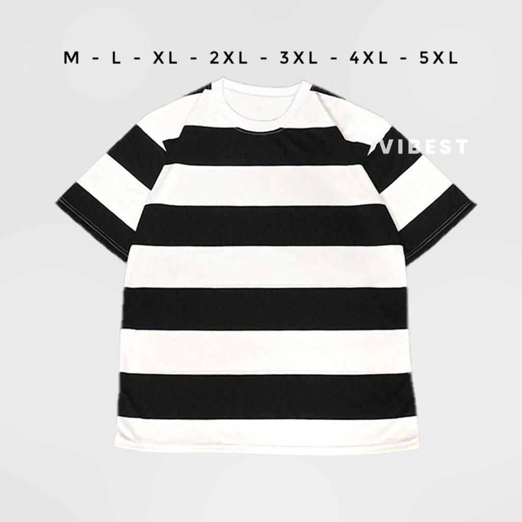 Baju Kaos Salur Dewasa Jumbo Pria Wanita Baju Stripe - Hitam Putih