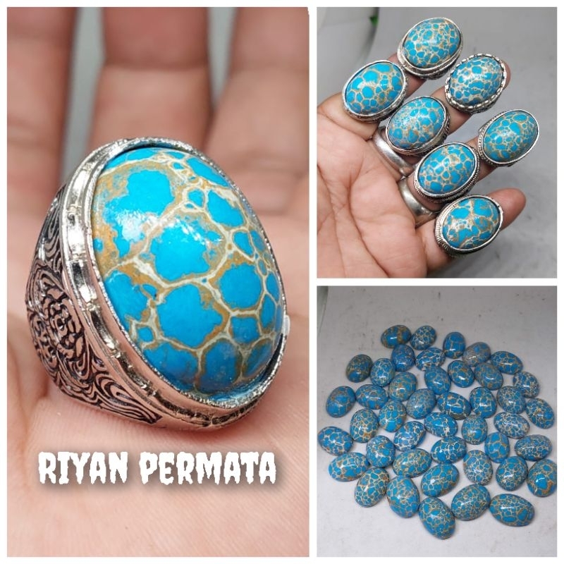 Cincin batu pirus mesir royal blue urat merah putih ceplok kuro jumbo jenong
