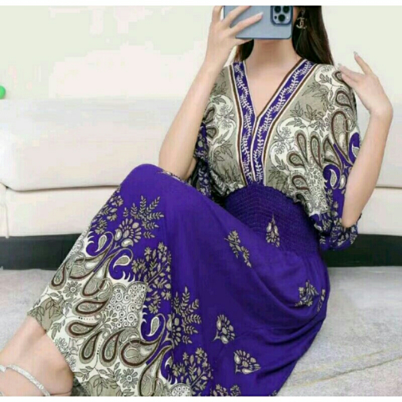 Newlan QZ047 loral dress wanita baru Perancis lengan panjang gaun V-neck mid-length sifon bunga mode