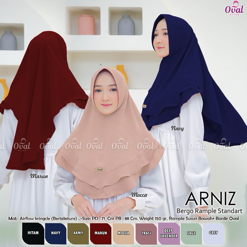 Jilbab Instan ARNIZ Bergo Rampe Standart Original Oval Hijab Crinkle Airflow Premium Korea PD 71 PB 
